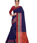 Navy blue plain cotton saree with blouse