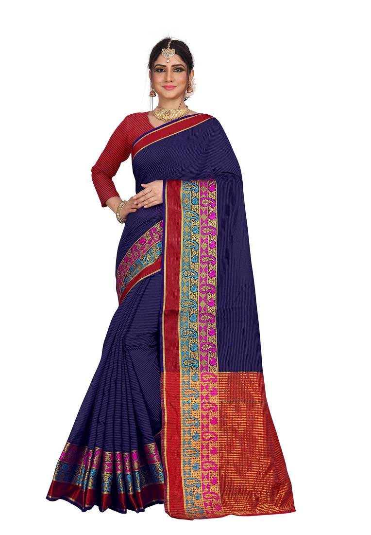 Navy blue plain cotton saree with blouse