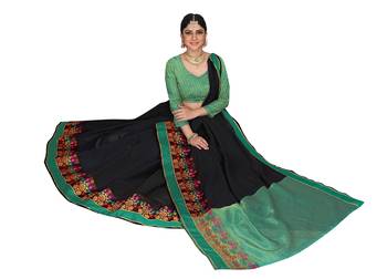 Black plain cotton saree with blouse 2