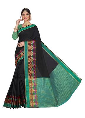 Black plain cotton saree with blouse 3