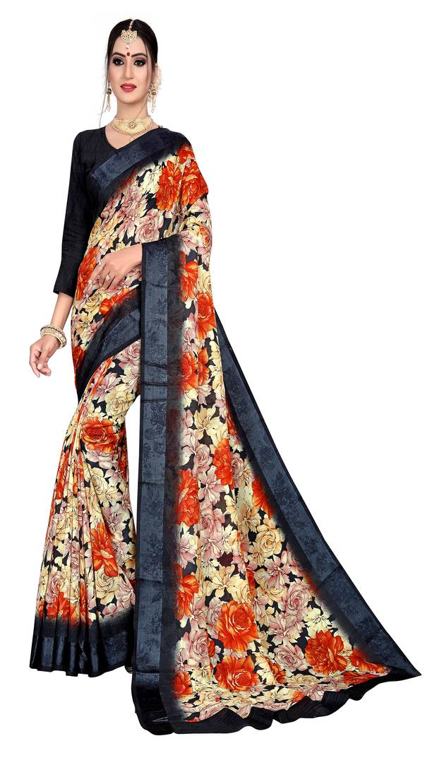 Grey printed silk blend saree with blouse