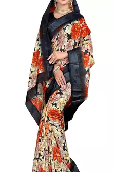 Grey printed silk blend saree with blouse