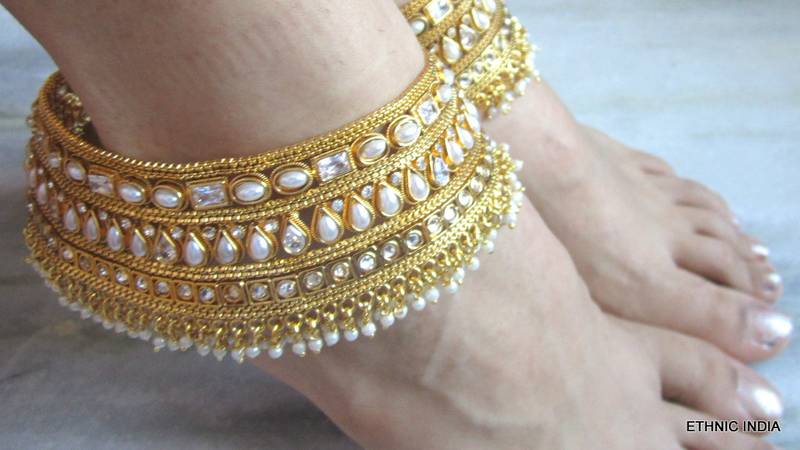 Gold Plated Broad Polki Pearl Anklets Payal
