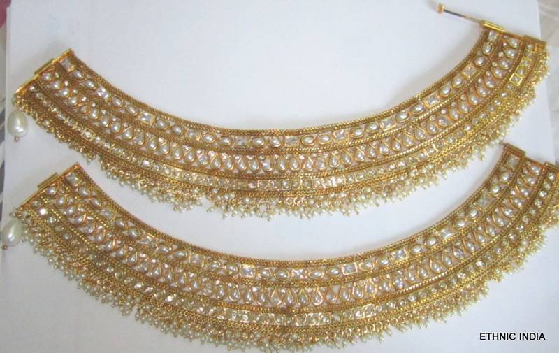 Gold Plated Broad Polki Pearl Anklets Payal
