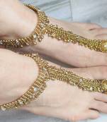 Antique Gold  Payal Anklet Pair Attached Toe Ring