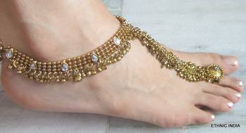 Antique Gold  Payal Anklet Pair Attached Toe Ring 3