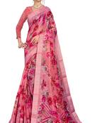 Pink printed linen saree with blouse