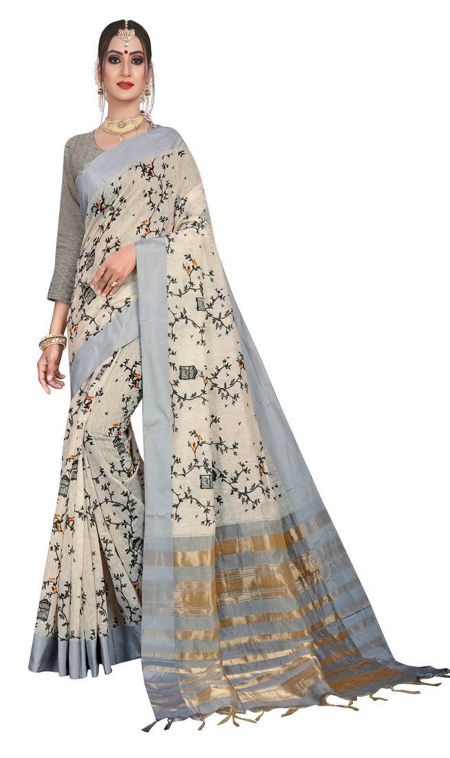 Off white woven linen saree with blouse