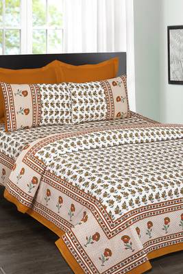 White and Orange Jaipuri Cotton Double Bedsheet 1