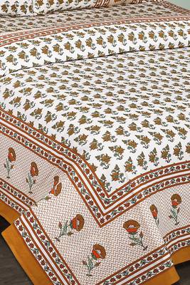 White and Orange Jaipuri Cotton Double Bedsheet 3