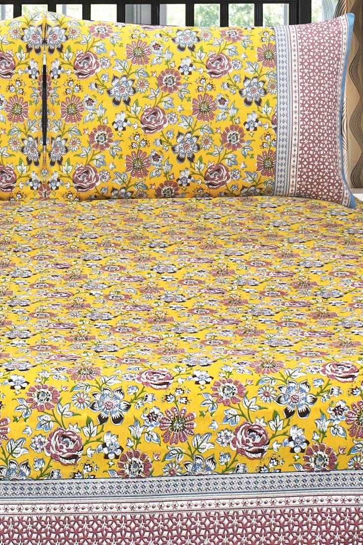 Yellow Jaipuri Cotton Double Bedsheet HOME AFFAIRS 3268637