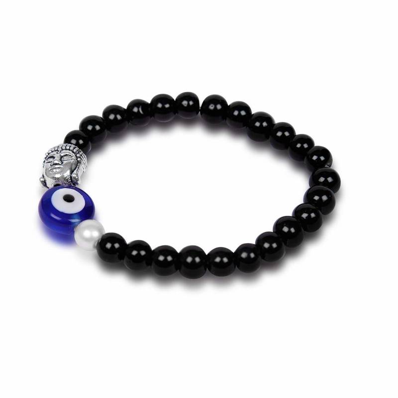 Black Tourmaline mm Beads Bracelet with Evil Eye Stone and