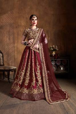 Maroon embroidered art silk semi stitched lehenga 1