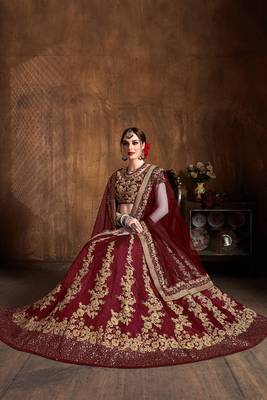 Maroon embroidered art silk semi stitched lehenga 4