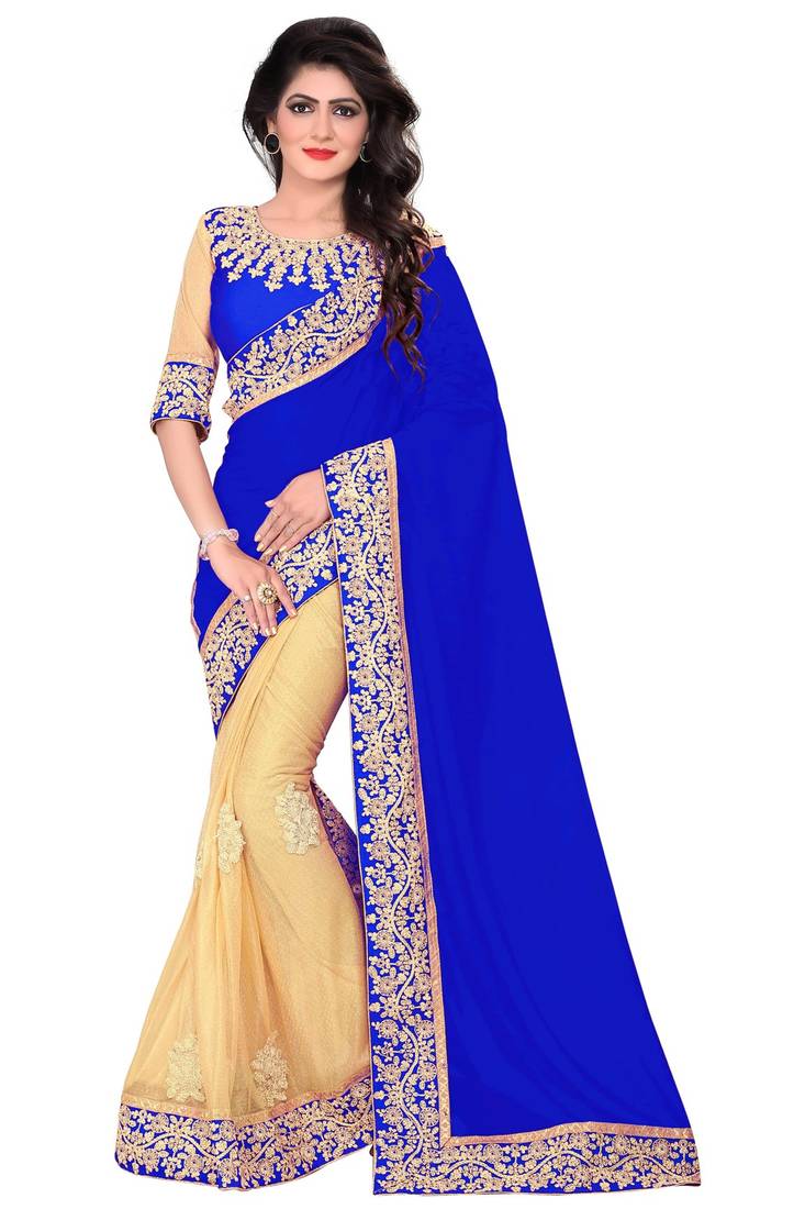 Royal Blue Desingner embroderied Georgette Saree With Blouse Piece