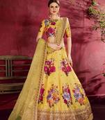 Yellow embroidered silk semi stitched lehenga