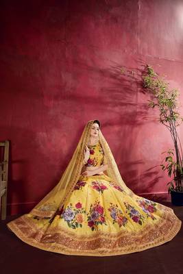 Yellow embroidered silk semi stitched lehenga 2