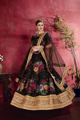 Black embroidered silk semi stitched lehenga 3