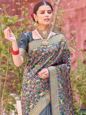 Grey woven silk saree with blouse 2