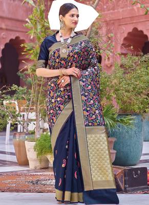 Blue woven silk saree with blouse 1