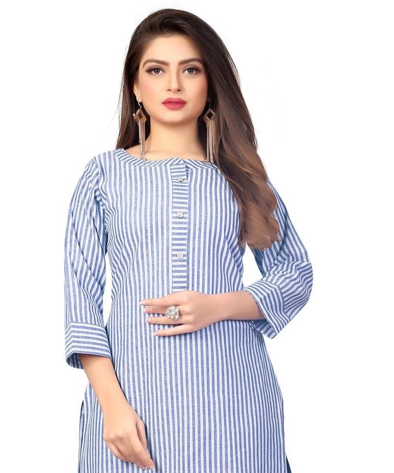 Blue Strip Line Printed Cotton Knee Length Kurti