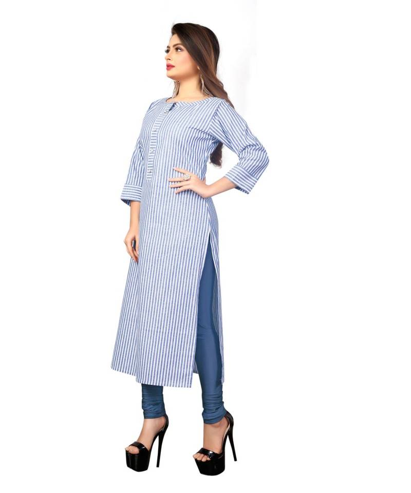 Blue Strip Line Printed Cotton Knee Length Kurti
