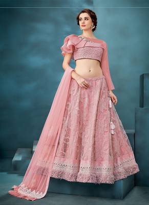 Light-pink embroidered net semi stitched lehenga 1