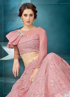 Light-pink embroidered net semi stitched lehenga 2