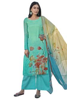 Turquoise printed satin salwar