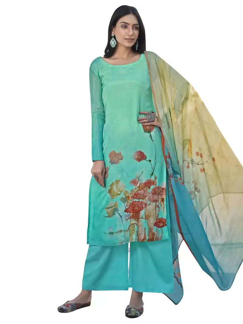 Turquoise printed satin salwar