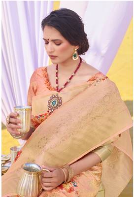 Beige woven silk saree with blouse 2