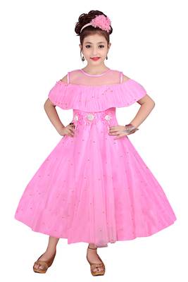 Pink plain net kids-frocks 1