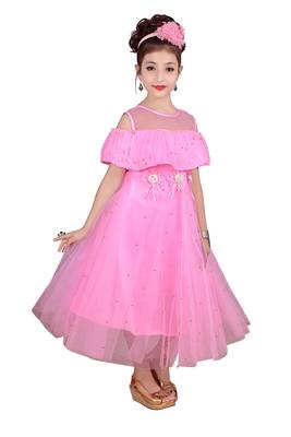 Pink plain net kids-frocks 2