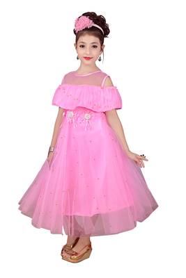 Pink plain net kids-frocks 3