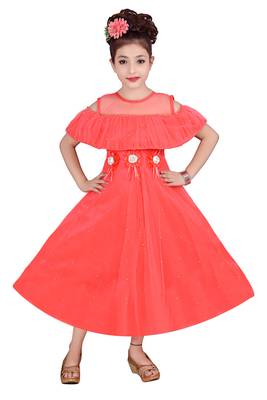 Orange plain net kids-frocks 1