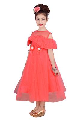 Orange plain net kids-frocks 2