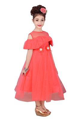 Orange plain net kids-frocks 3