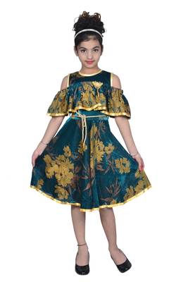Green plain net kids-frocks 1