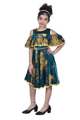 Green plain net kids-frocks 2
