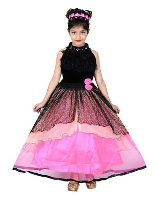 Multicolor plain net kids-frocks 1