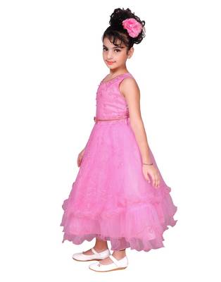 Pink plain net kids-frocks 2