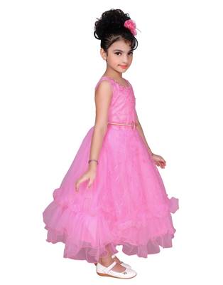 Pink plain net kids-frocks 3