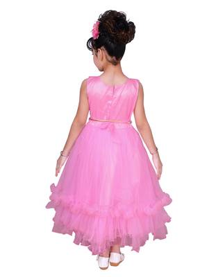 Pink plain net kids-frocks 4
