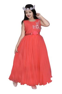 Orange plain net kids-girl-gowns 3