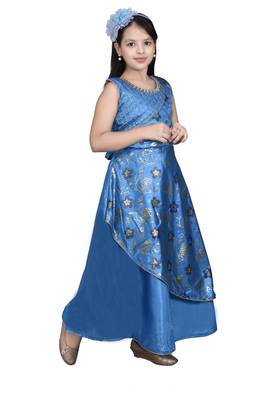 Blue embroidered silk kids-frocks 2
