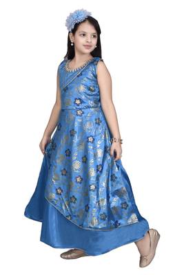 Blue embroidered silk kids-frocks 3