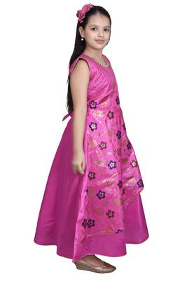 Pink embroidered silk kids-frocks 3