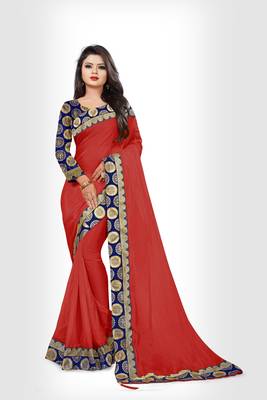 Maroon plain art silk saree with blouse 1