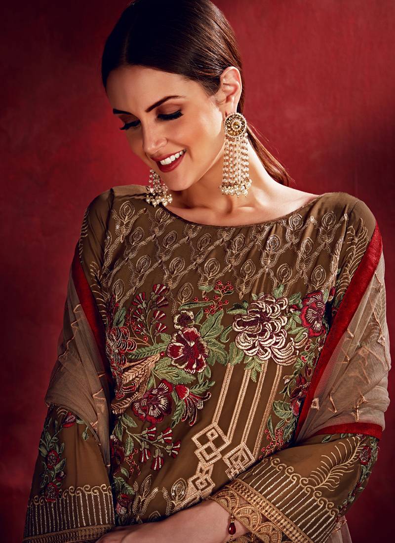 Glamorous Brown Georgette Trendy Fashioner Pakistani Salwar Suit Collection With Brown Santoon