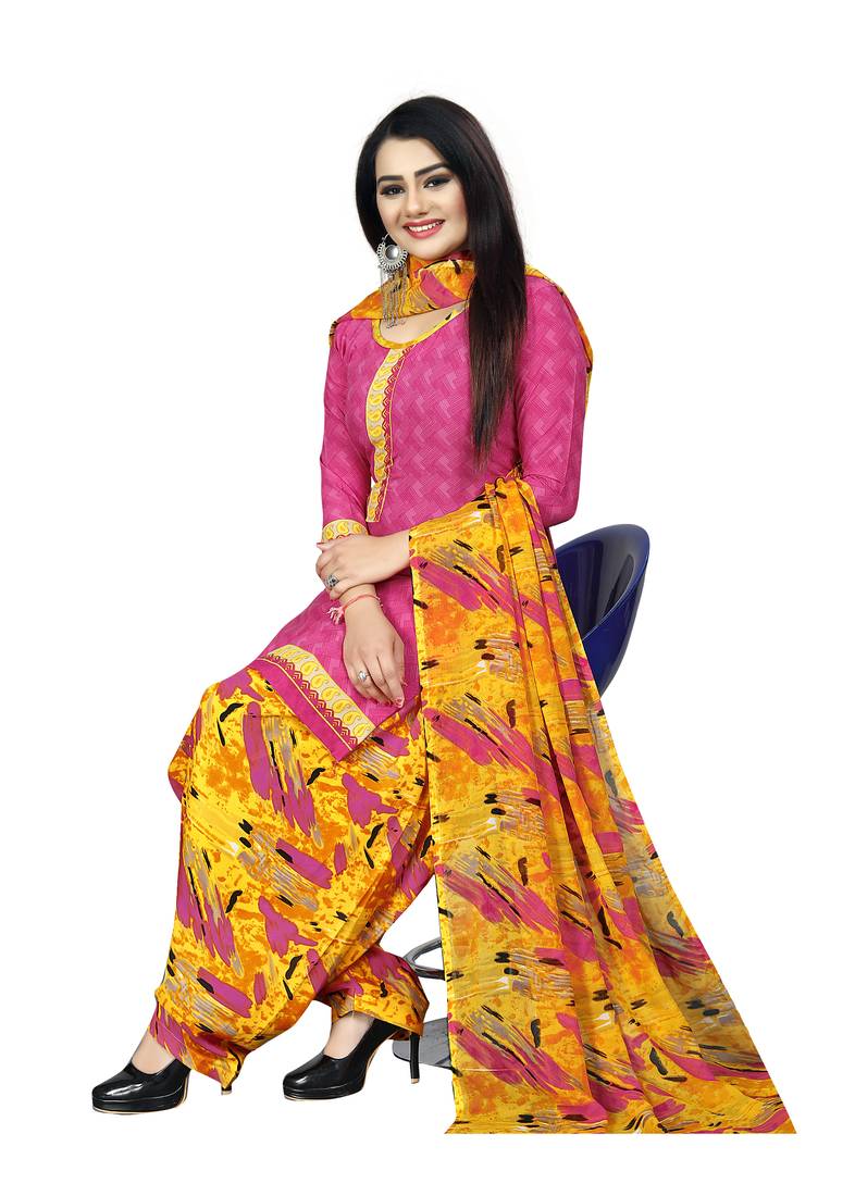 Pink Crepe Printed Unstitched Salwar Suit Dress Material